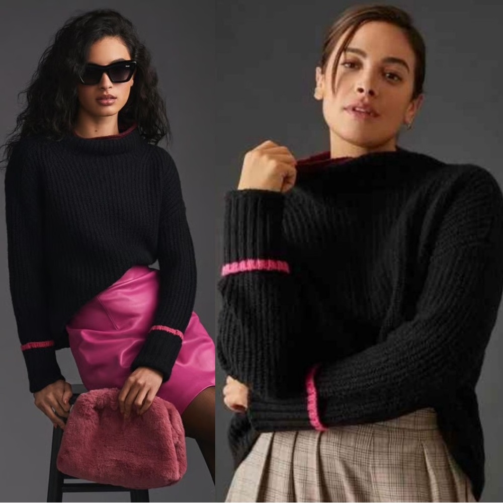 Anthropologie Maeve Mock Neck Color Tipped Sweater Ribbed Knit Black Pink - S